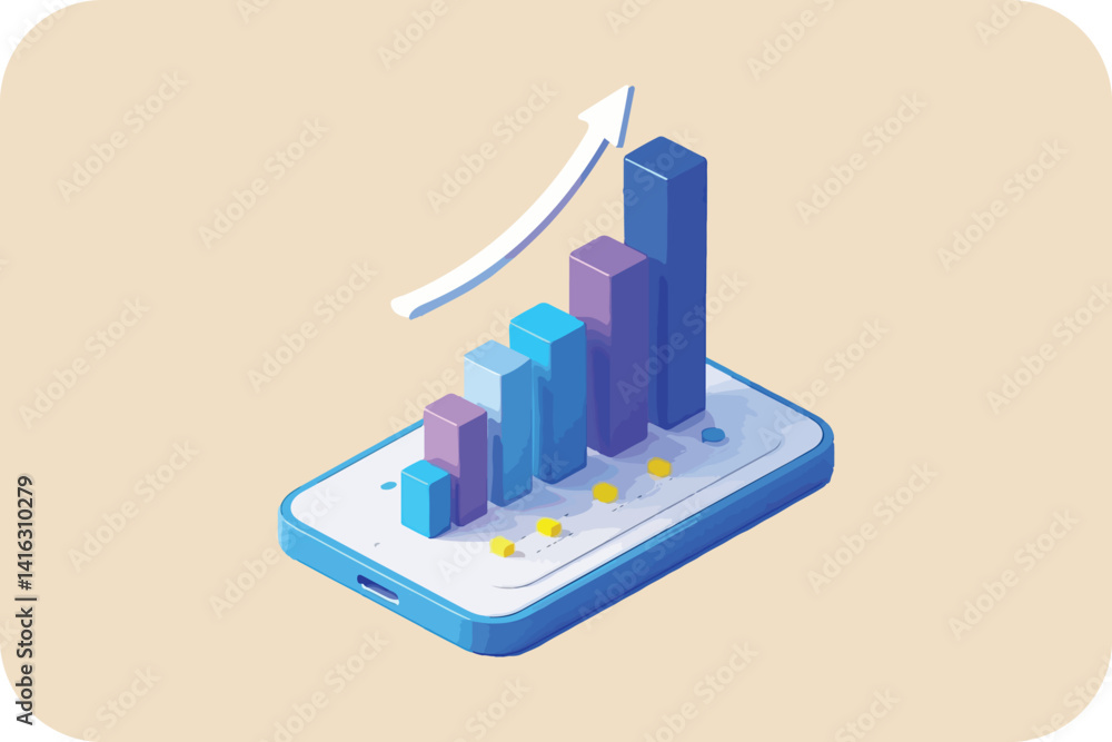 Poster mobile growth visualization: bar chart on smartphone display showing upward progress.
