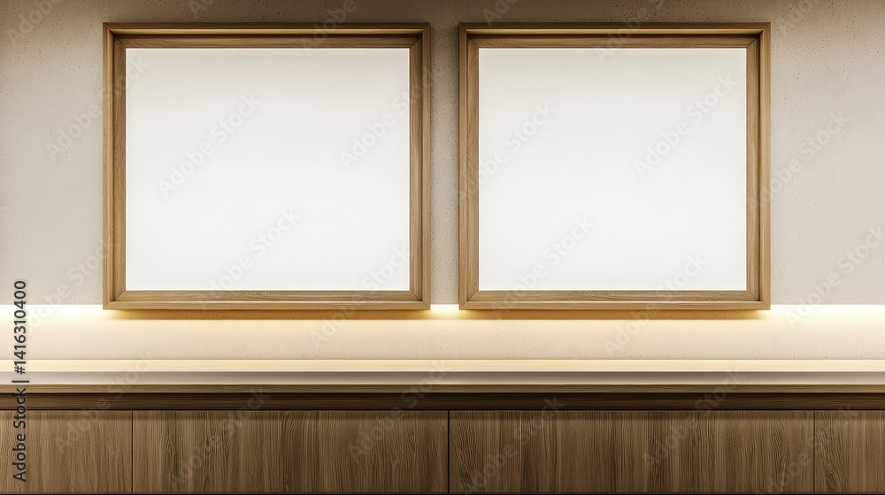 Aufkleber minimalistic interior with two empty frames on the wall and soft ambient lighting for creative displ