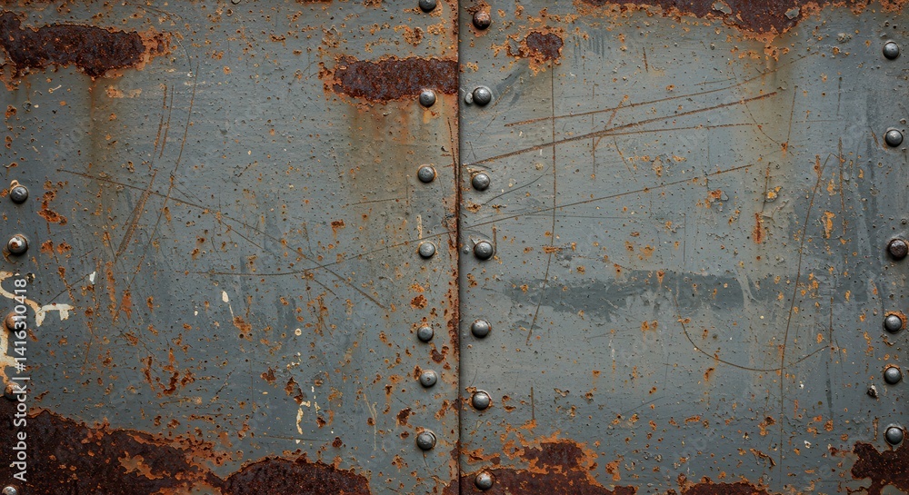 Poster metal surface showing heavy rust and rivets for texture background