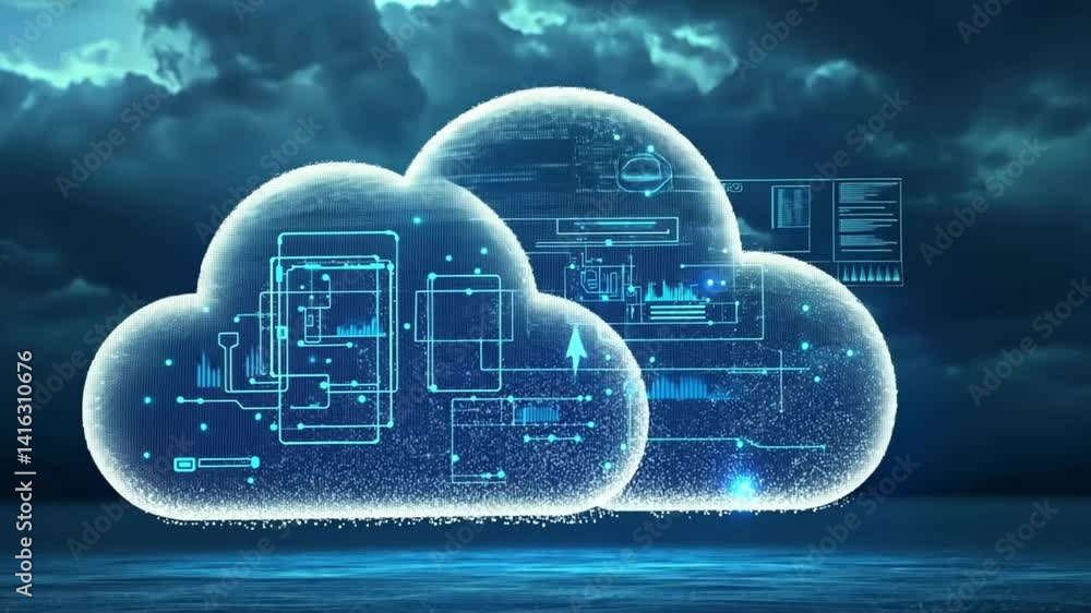 Aufkleber digital clouds with data visualizations above a tranquil sea landscape