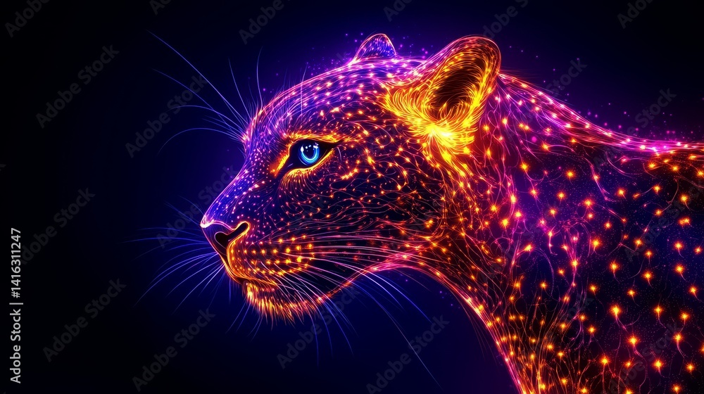 Poster luminous leopard profile with digital particle glow effect conveying power and mystique against a da