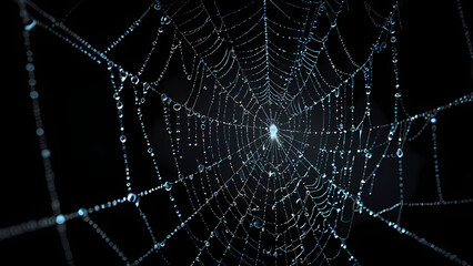 Naklejka premium Black Background with Illuminated Spider Web and Dew
