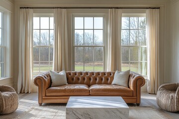 Fototapeta premium Elegant living room with brown leather sofa, white windows with sheer curtains, marble coffee table, and cozy ambiance.