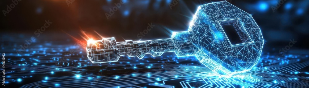 Poster a digital key rendered in a futuristic style, surrounded by a network of glowing circuits, symbolizi