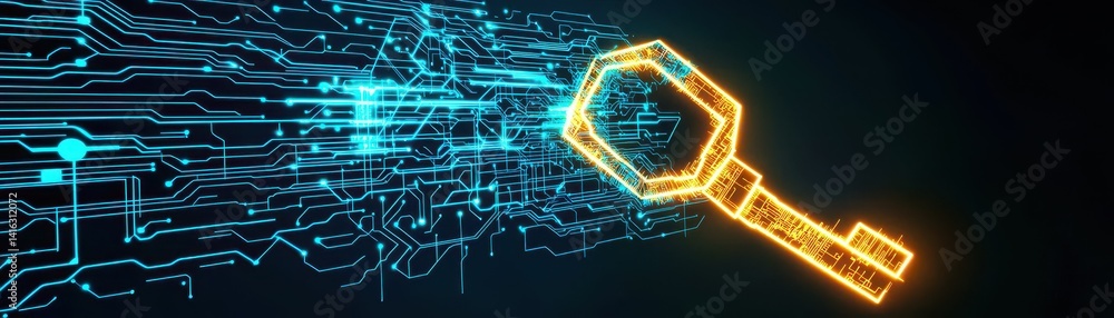 Poster a digital key composed of vibrant circuitry elements, symbolizing security and technology in a futur