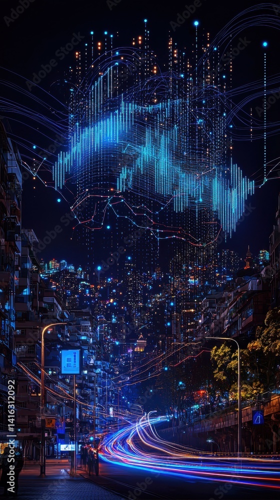 Poster a vibrant cityscape at night, featuring colorful lights and dynamic patterns, creating a lively atmo