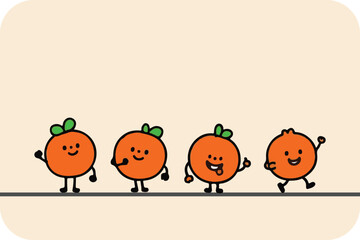 Happy Orange Parade: Four Cheerful Cartoon Oranges with Faces Waving and Moving Along a Line, Spreading Joy and Citrus Fun.