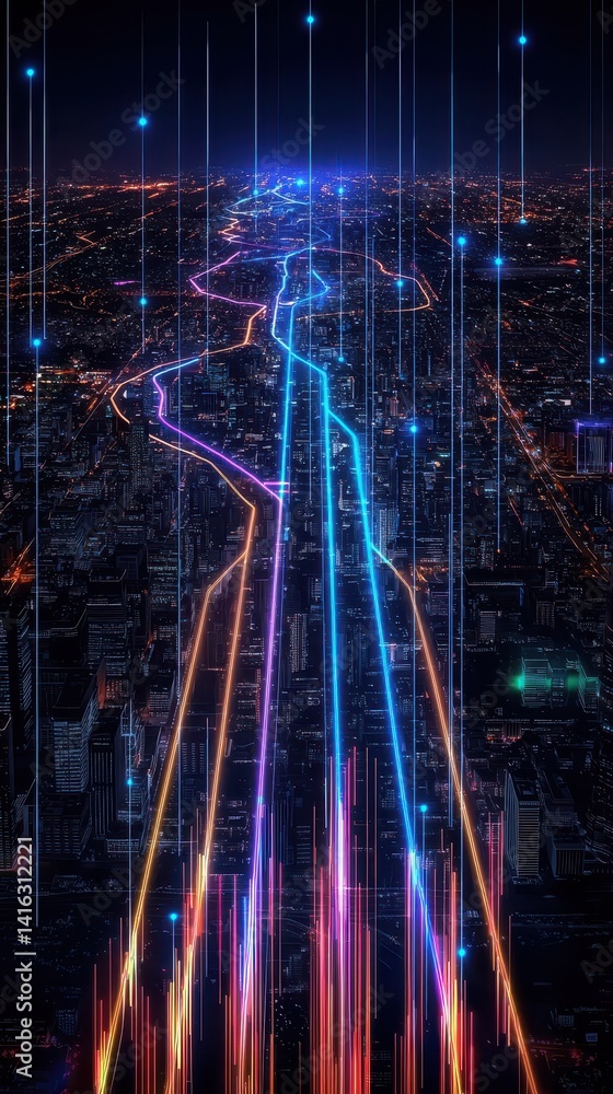 Poster a vibrant cityscape at night, illuminated by colorful lights and data-like vertical lines, creating 