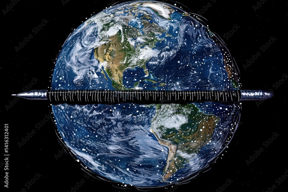 Poster a stylized image of earth with a ruler across its equator, symbolizing measurement and global perspe