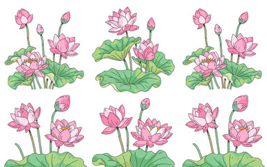 Elegant digital botanical artwork of cascading rows of pink lotus blossoms in radiant shades from blush rose to deep magenta, featuring intricate star