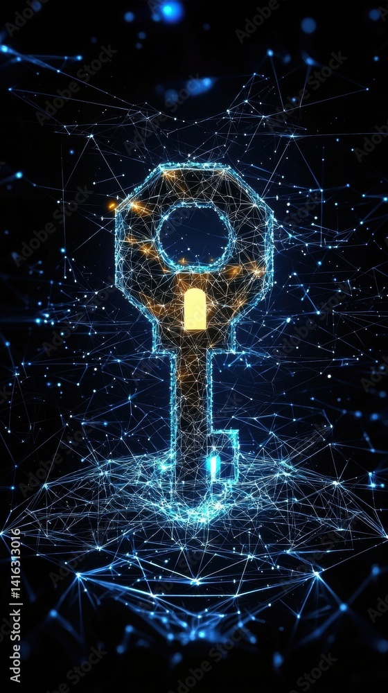 Aufkleber a digital illustration of a key surrounded by a network of glowing lines and dots, symbolizing secur