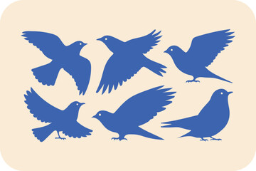 Soaring Blue Birds: A Collection of Six Silhouetted Birds in Various Flying Poses Against a Light Background, Evoking Freedom and Grace.