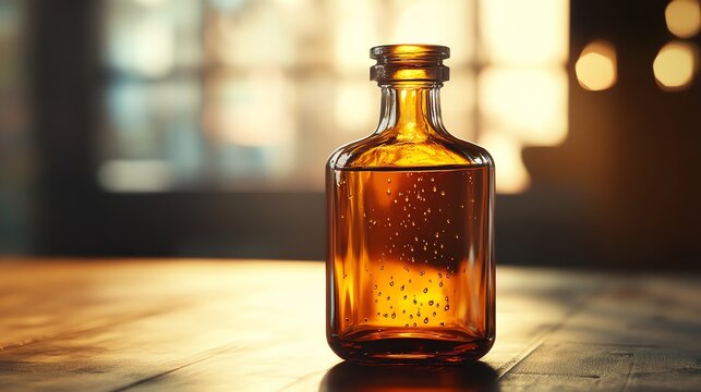 Liquid Filled Antique Bottle with Floating Bubbles on Wooden Table