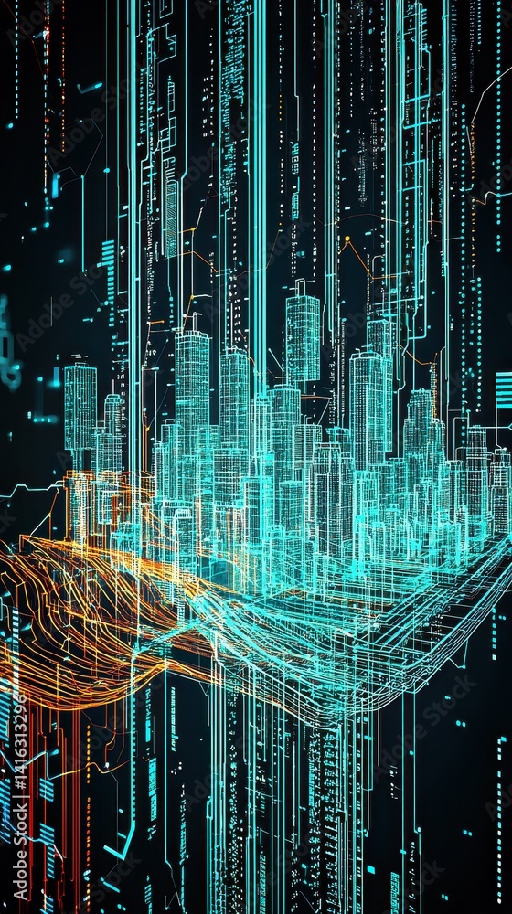 Poster a vibrant, abstract digital rendering of a city skyline, showcasing intricate lines and circuits in 