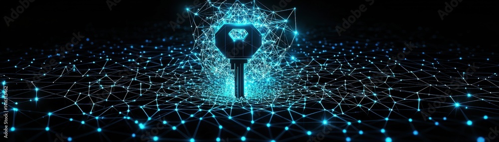 Poster a glowing key surrounded by a web of interconnected nodes, symbolizing digital security and data enc