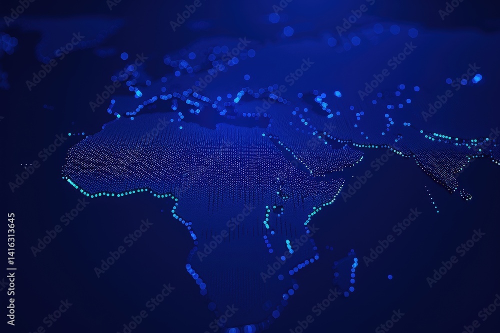 Poster a digital representation of africa, depicted with glowing blue dots on a dark background, creating a