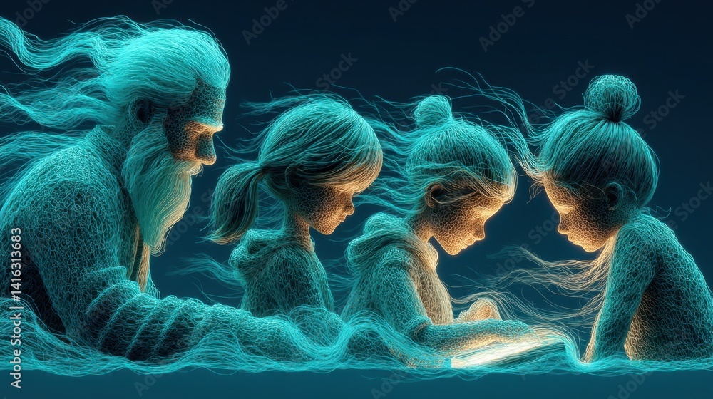 Poster technology style whit net glowing wave,glowing line glow wave,glow line , happy smiling multiethnic 