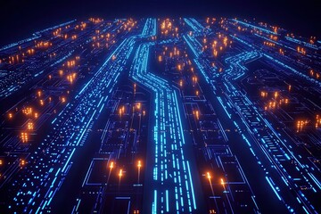 Fototapeta premium A vibrant digital landscape featuring illuminated pathways and circuit-like designs, creating a futuristic technological atmosphere.