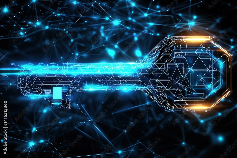 Poster a futuristic digital key represented with geometric lines and glowing effects, symbolizing security 