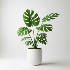 A monstera deliciosa plant in a white pot against a plain white background in a studio setting