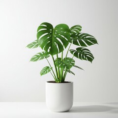 A monstera deliciosa plant in a white pot against a plain white background in a studio shot