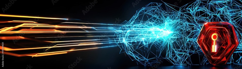 Poster a vibrant digital illustration featuring a glowing hexagonal icon and dynamic light beams, symbolizi