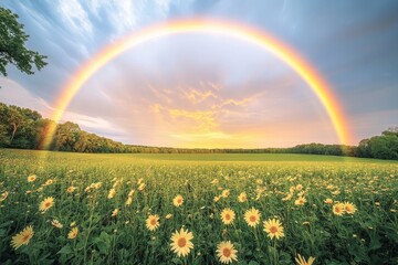 : Vibrant rainbow arching over green fields, casting colorful reflections on nature's canvas, photo-realistic style.