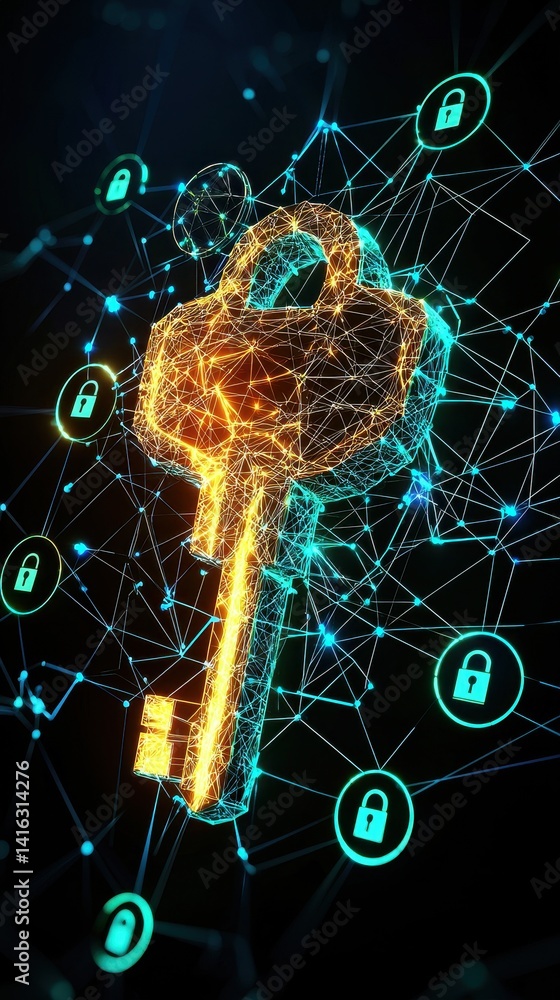 Poster a digital representation of a key surrounded by interconnected nodes and lock symbols, symbolizing c