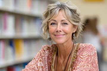 Engaging portrait of a smiling woman in a bright library discussion
