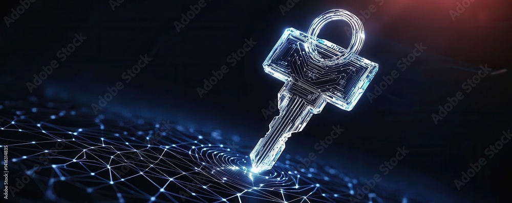 Poster a glowing digital key above a network pattern, symbolizing security and encryption in the digital re