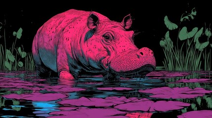 Vividly colored hippopotamus in waterhole graphic representation of wildlife in abstract hues providing dynamic colorful and unique image portrayal