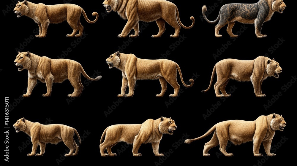 Poster pixelated lions concept featuring a diverse collection of stylized feline figures in varying poses c