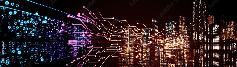 Poster a vibrant digital cityscape with interconnected lines and dots, symbolizing technology and data flow