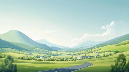 Obraz premium Scenic mountain valley road with rainbow, rural landscape