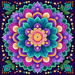 Vibrant Glittering Mandala with Teal and Purple Petals on Dark Background