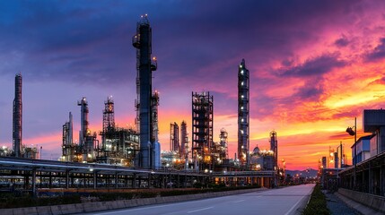Fototapeta premium Industrial complex at sunset, illuminated by vibrant colors.