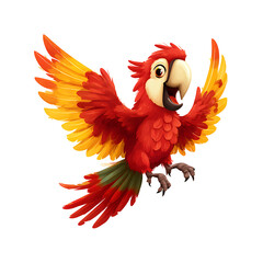 Fototapeta premium Brightly colored cartoon parrot in mid-flight. The bird has red feathers and yellow wings. Its beak is open and it has a joyful expression.