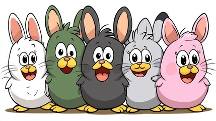 Fototapeta premium Whimsical group of fantastical rabbit-duck hybrid creatures with vibrant pastel colors illustration for adorable animal collection with various expressions