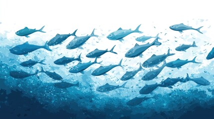 Ocean Scene School of Fish Swimming in Deep Water