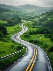 Scenic winding road through lush green hills on a rainy day, symbolizing journey, freedom, adventure, and travel with a peaceful natural landscape and atmospheric mood

