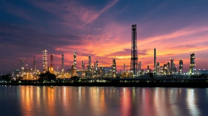 Industrial refinery complex illuminated at sunset over a river.