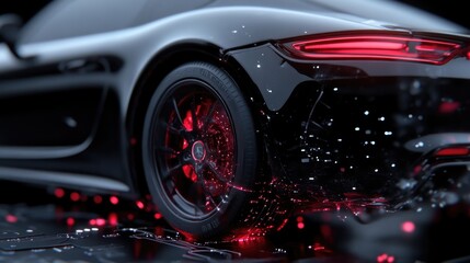 Glossy black sports car rear end, dynamic water splash