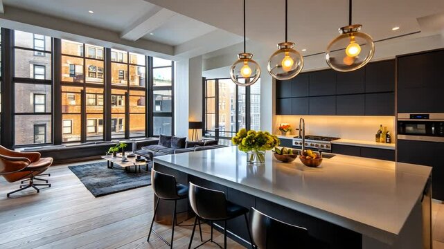 Modern loft kitchen with city views, showcasing a spacious living area