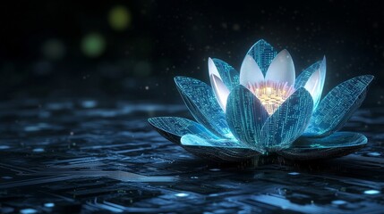 Glowing tech lotus flower on dark background: digital bloom with circuit board texture for modern technology and nature concepts 