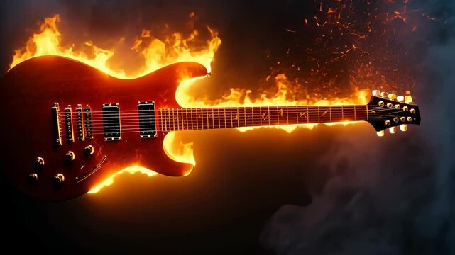 Electric guitar on fire in dark smoky background. Possible use for music posters, rock music advertising