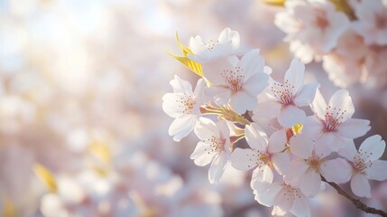 Fototapeta premium Springtime cherry blossoms in soft sunlight, park background. Possible use nature, seasonal, holidays