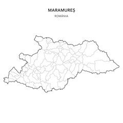 Obraz premium Vector Map of Maramureș County (Județul Maramureș) with all Administrative Territorial Units (UAT) including Municipalities (Municipii), Towns (Orașe) and Communes (Comune) - Romania 2025