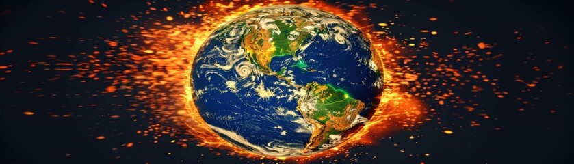 A fiery depiction of Earth surrounded by vibrant orange sparks, illustrating a dynamic and potentially apocalyptic theme.
