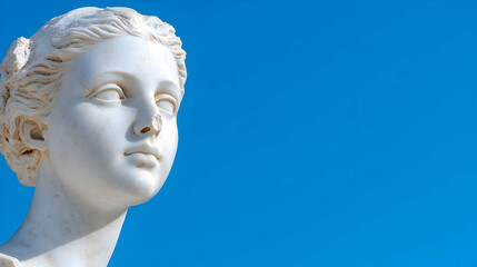 Serene white marble bust against blue sky classical art sculpture image