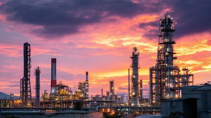 Industrial oil refinery complex at sunset.